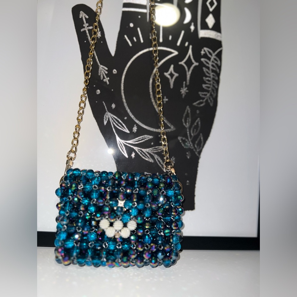 Mini crochet handbag in glass stones and nylon color blue